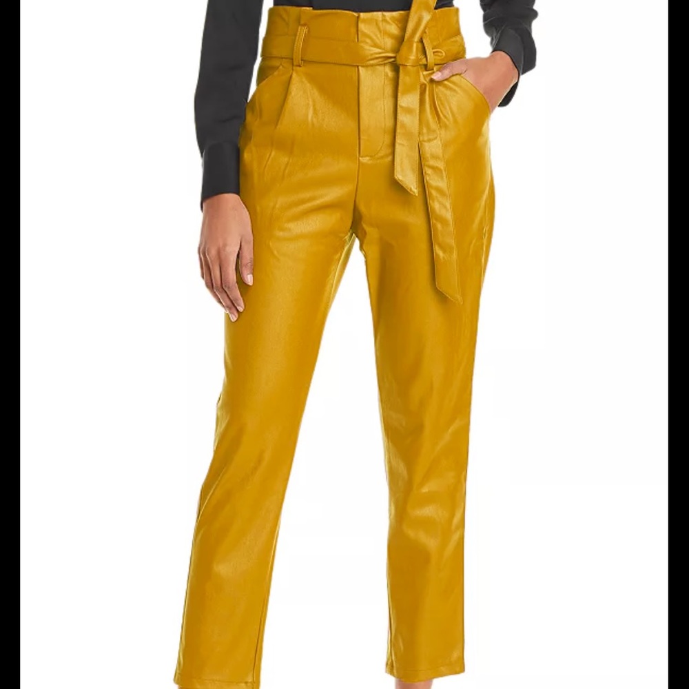 Vegan Leather Faux Leather Paperbag Belted Waist Pant